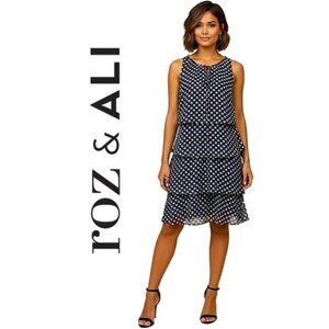 ROZ & ALI, Sleeveless navy blue polka dot ruffle tiered dress